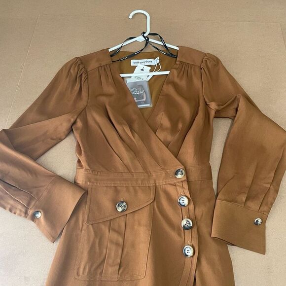 NWT Self-Portrait Women’s Midi Wrap Dress Button Front Cognac Brown sz 0 - Picture 9 of 15